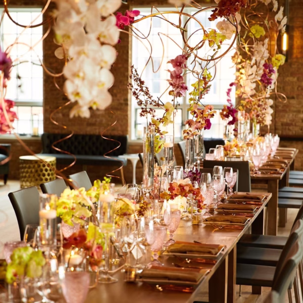 Elegant wedding reception table with tall floral centerpieces and modern place settings